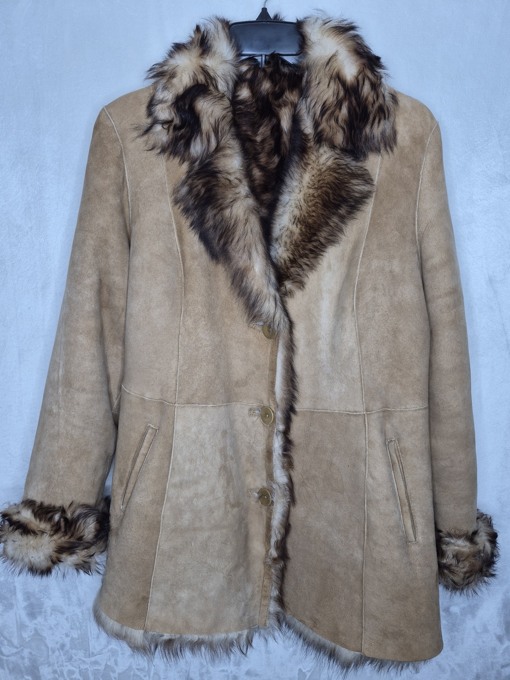 Vintage Blue Duck Shearling Sheepskin Suede Fur Coat Made in USA Womens L 21x31